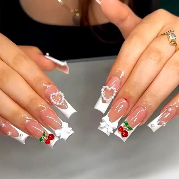 24 French 3D Charm Cherry Nails Press On Style Kit Fake Glam Vacation Sexy - Picture 1 of 5